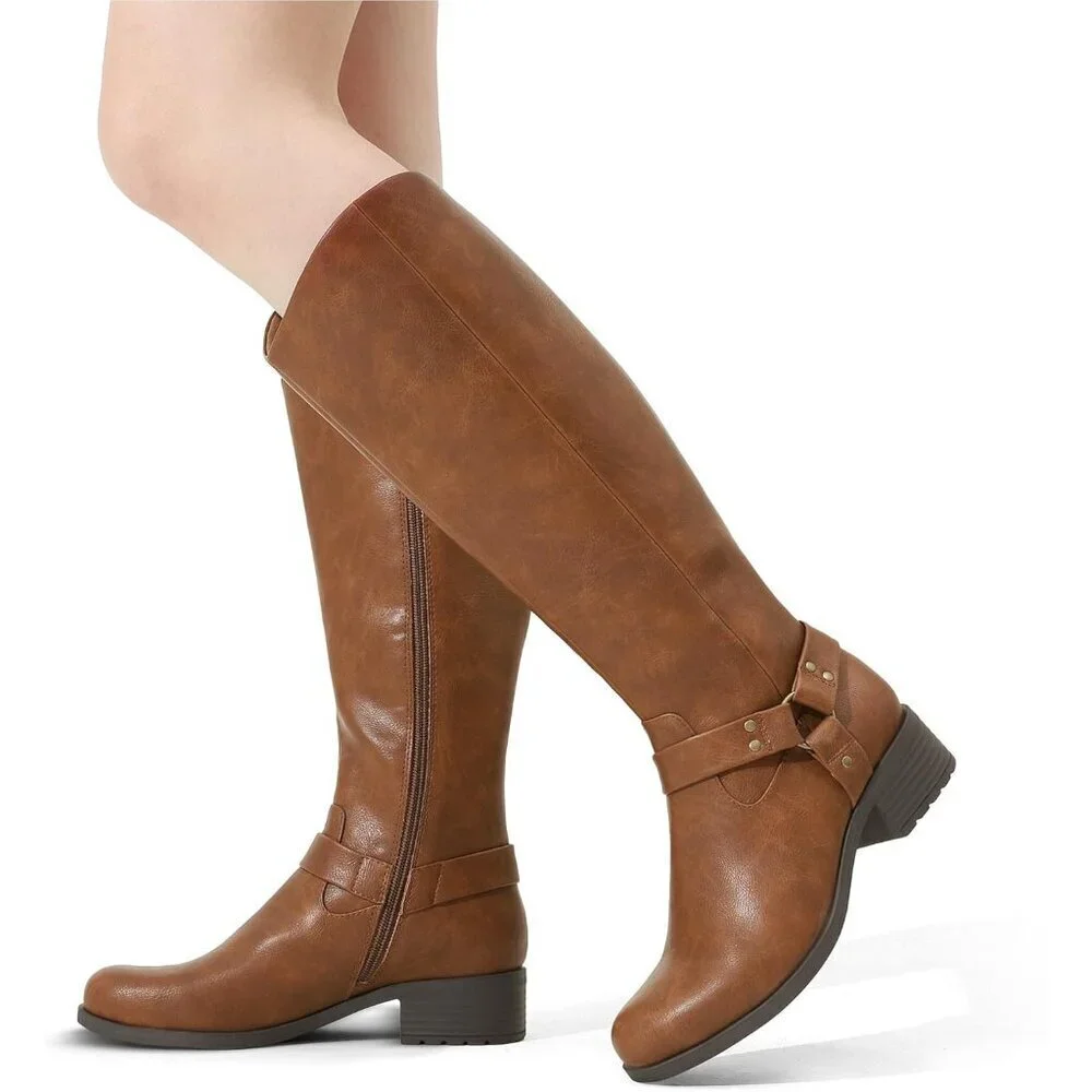 Women Faux Leather Light Brown Comfortable Knee High Side Zipper Buckle Boots